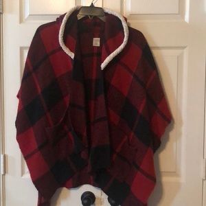 Red plaid poncho with pockets